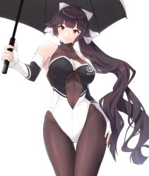 Rule 34 | 1girl, azur lane, bodystocking, bow, breasts, brown eyes, brown hair, cleavage, cleavage cutout, clothing cutout, cowboy shot, elbow gloves, enchuu kakiemon, extra ears, fingerless gloves, gloves, hair flaps, holding, holding umbrella, large breasts, leotard, logo, long hair, multicolored leotard, race queen, ribbon, smile, solo, takao (azur lane), takao (full throttle charmer) (azur lane), umbrella, unitard, white background, white bow, white ribbon