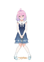 Rule 34 | 1girl, absurdres, ahoge, blue dress, blue footwear, blush, bow, bowtie, bracelet, breasts, buttons, clenched hand, collarbone, crescent, crescent earrings, crescent necklace, crescent print, dress, earrings, embarrassed, female focus, flat chest, footwear bow, full body, gradient hair, green eyes, grin, have to pee, heterochromia, high heels, highres, himemori luna, himemori luna (sundress), hololive, jewelry, looking at viewer, medium breasts, multicolored hair, necklace, nervous smile, nose blush, own hands together, paulpo, pee, peeing, peeing self, pigeon-toed, pink hair, puddle, purple eyes, purple hair, see-through, shoes, sidelocks, sleeveless, sleeveless dress, smile, socks, solo, standing, star (symbol), star print, straight-on, sweat, tears, teeth, two-tone hair, virtual youtuber, wavy mouth, wet, wet clothes, white bow, white bowtie, white socks