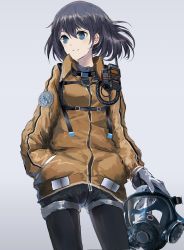 Rule 34 | 1girl, bad id, bad pixiv id, black hair, black pantyhose, closed mouth, gas mask, gloves, grey background, grey gloves, hand in pocket, highres, holding, holding mask, jacket, long sleeves, looking to the side, mask, original, pantyhose, pantyhose under shorts, revision, short hair, short shorts, shorts, simple background, smile, solo, swav