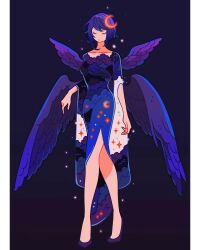 Rule 34 | 1girl, alternate costume, bare legs, black footwear, blue feathers, closed eyes, crescent, crescent hair ornament, crescent moon, dress, feathers, full body, genshin impact, hair ornament, highres, kujou sara, long sleeves, meyoco, moon, multiple wings, no nose, print dress, purple feathers, purple hair, short hair, solo, standing, wide sleeves, wings