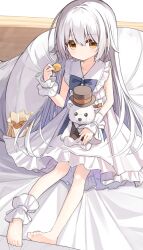 Rule 34 | 1girl, barefoot, bed, blue bow, bow, brown eyes, bunny girl (yuuhagi (amaretto-no-natsu)), closed mouth, collared dress, dress, food, frilled dress, frilled shirt collar, frills, full body, hair between eyes, highres, holding, holding food, long hair, looking at viewer, original, pillow, sitting, sleeveless, sleeveless dress, soles, solo, stuffed animal, stuffed toy, teddy bear, very long hair, white dress, white hair, wrist cuffs, yuuhagi (amaretto-no-natsu)