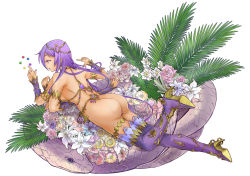 Rule 34 | 1girl, armlet, ass, back, bad id, bad pixiv id, boots, earrings, extra arms, fern, flower, high heel boots, high heels, jewelry, kali (p&amp;d), leg up, lily (flower), long hair, lying, mole, mole under mouth, mrider, nail polish, on stomach, purple eyes, purple footwear, purple hair, puzzle &amp; dragons, rose, simple background, snake, solo, thigh boots, thigh strap, thighhighs, thong, very long hair, white background