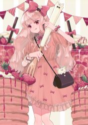 Rule 34 | 1girl, bag, bow, charpaaa, dress, drinking straw, eyelashes, food, fork, fruit, hair bow, handbag, highres, holding, holding fork, licking lips, long hair, looking at viewer, original, oversized object, pancake, pancake stack, pink bow, pink dress, raspberry, strawberry, string of flags, tongue, tongue out, white dog, wrist cuffs