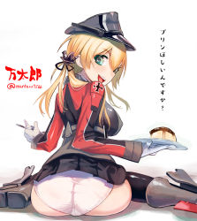 Rule 34 | 10s, 1girl, anchor hair ornament, aqua eyes, artist name, ass, black legwear, blonde hair, blush, boots, breasts, cameltoe, covered erect nipples, gloves, hair ornament, hat, kantai collection, large breasts, long hair, looking at viewer, looking back, low twintails, mantarou, open mouth, panties, peaked cap, prinz eugen (kancolle), pudding, pun, sitting, skirt, solo, tongue, translated, twintails, twitter username, underwear, wariza, white background, white gloves, white panties