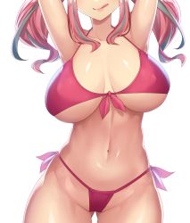 Rule 34 | 1girl, :q, absurdres, armpits, arms up, azur lane, bare shoulders, bikini, blush, breasts, bremerton (azur lane), cleavage, collarbone, commentary request, covered erect nipples, cowboy shot, front-tie top, grey hair, groin, hair ornament, head out of frame, highres, huge breasts, long hair, midriff, multicolored hair, navel, no mole, pink bikini, pink hair, shiny skin, side-tie bikini bottom, simple background, smile, solo, standing, streaked hair, swimsuit, takurowo, thighs, tongue, tongue out, twintails, underboob, white background
