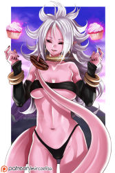 Rule 34 | 1girl, android 21, bandeau, black panties, black sclera, bracelet, breasts, cleavage, colored sclera, colored skin, cupcake, detached sleeves, doughnut, dragon ball, dragon ball fighterz, earrings, floating, food, highres, hoop earrings, jewelry, majin android 21, medium breasts, messy hair, mirco gravina, nail polish, open mouth, panties, pastry, patreon, pink skin, pointy ears, red eyes, smile, solo, tail, thong, underwear, yo-nashi