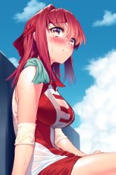 Rule 34 | 10s, 1girl, against wall, blew andwhite, blue sky, blush, breasts, cloud, day, elbow pads, from side, girls und panzer, hair ribbon, highres, kondou taeko, large breasts, long hair, looking up, red eyes, red hair, red ribbon, red shorts, ribbon, see-through, shirt, shorts, sitting, sky, sleeveless, sleeveless shirt, solo, sportswear, sweatdrop, thighs, towel, towel around neck, tsurime, wet, wet clothes, wet shirt