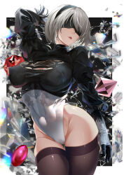 Rule 34 | 1girl, 2b (nier:automata), black blindfold, black gloves, blindfold, breasts, brown thighhighs, cleavage cutout, clothing cutout, covered erect nipples, covered navel, feather-trimmed sleeves, gem, gloves, hairband, heattech leotard, highleg, highleg leotard, highres, juliet sleeves, large breasts, leotard, long sleeves, nier:automata, nier (series), puffy sleeves, short hair, solo, thighhighs, thighs, turtleneck, white hair, white leotard, yuu (asaiyuji)