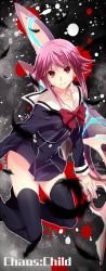 Rule 34 | 10s, 1girl, aki663, black feathers, black thighhighs, bow, bowtie, chaos;child, collarbone, feathers, looking at viewer, onoe serika, pink hair, red bow, red eyes, school uniform, short hair with long locks, solo, thighhighs, weapon