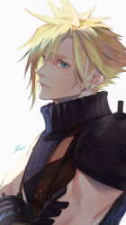Rule 34 | 1boy, armor, black gloves, blonde hair, blue eyes, blue sweater, closed mouth, cloud strife, commentary, crossed arms, earrings, final fantasy, final fantasy vii, final fantasy vii remake, from side, gloves, hair between eyes, highres, jewelry, looking to the side, male focus, mim (mimya0600), short hair, shoulder armor, signature, simple background, single bare shoulder, sleeveless, sleeveless turtleneck, solo, spiked hair, stud earrings, suspenders, sweater, turtleneck, turtleneck sweater, upper body