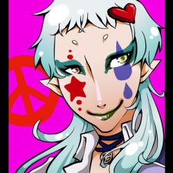 Rule 34 | 1boy, bishounen, blue eyeliner, closed mouth, clown (ragnarok online), collared shirt, commentary request, eyeliner, facial mark, flowery peko, green lips, hair ornament, heart, heart hair ornament, jewelry, lips, looking at viewer, makeup, male focus, medium hair, necklace, peace symbol, pillarboxed, pink background, pointy ears, portrait, ragnarok online, shirt, short bangs, short eyebrows, simple background, smile, solo, star (symbol), star facial mark, teardrop facial mark, white hair, white shirt, yellow eyes