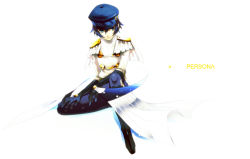 Rule 34 | 1girl, androgynous, atlus, bad id, bad pixiv id, blue eyes, blue hair, boots, cabbie hat, cosplay, crossdressing, epaulettes, female focus, formal, fusuma (not found), gloves, hat, highres, looking away, matching hair/eyes, pants, persona, persona 4, reverse trap, shirogane naoto, short hair, sitting, smile, solo, yamato takeru (persona), yamato takeru (persona) (cosplay)