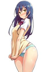 Rule 34 | 1girl, aqua panties, blonde hair, blue hair, blush, clothes tug, cowboy shot, full-face blush, highres, jpeg artifacts, kekemotsu, long hair, looking at viewer, love live!, love live! school idol project, no pants, panties, school uniform, short sleeves, simple background, solo, sonoda umi, sweatdrop, sweater, sweater tug, sweater vest, tears, thick thighs, thighs, underwear, white background, wide hips