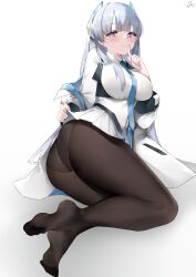 Rule 34 | 1girl, absurdres, abyssal ship, ass, blue archive, blush, clothes lift, feet, finger to mouth, highres, long hair, looking at viewer, noa (blue archive), panties, panties under pantyhose, pantyhose, purple eyes, shushing, silver hair, skirt, skirt lift, soles, toes, underwear