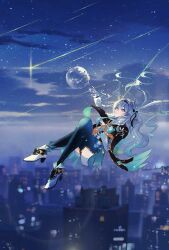 Rule 34 | 1girl, absurdres, arm up, black hairband, black jacket, blue eyes, blue skirt, blush, city, closed mouth, collared shirt, cropped jacket, dissolving, firefly (honkai: star rail), floating, floating hair, full body, green thighhighs, grey hair, hair intakes, hairband, heart, high heels, highres, honkai: star rail, honkai (series), jacket, lens flare, long hair, long sleeves, melting, miniskirt, neckerchief, night, night sky, orange neckerchief, outdoors, outstretched arm, pink eyes, pleated skirt, sakuradani, shirt, shooting star, sidelocks, signature, skirt, sky, solo, spoilers, star (sky), starry sky, thighhighs, two-tone eyes, white footwear, white shirt