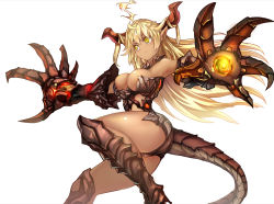 Rule 34 | 1girl, blonde hair, breasts, claws, dark skin, dark-skinned female, dragon tail, highres, horns, medium breasts, original, pointy ears, simple background, solo, suoni (deeperocean), tail, thick thighs, thighs, yellow eyes