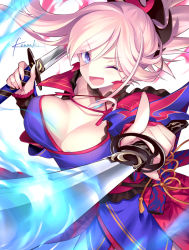 Rule 34 | &gt;;d, 1girl, ;d, artist name, blonde hair, blue eyes, breasts, cleavage, dual wielding, fate/grand order, fate (series), holding, holding sword, holding weapon, japanese clothes, kousaki rui, large breasts, looking at viewer, miyamoto musashi (fate), miyamoto musashi (second ascension) (fate), obi, one eye closed, open mouth, pointing, pointing at viewer, pointing sword, ponytail, sash, signature, smile, solo, sword, v-shaped eyebrows, weapon