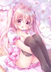Rule 34 | 1girl, :d, ass, bed, black thighhighs, blush, book, bow, breasts, chiika (cure cherish), cleavage, commentary request, dress, feet out of frame, frilled dress, frilled skirt, frilled sleeves, frills, hair between eyes, hair bow, knees up, large breasts, looking at viewer, open book, open mouth, original, pillow, pink bow, pink eyes, pink hair, pink skirt, puffy short sleeves, puffy sleeves, shirt, short sleeves, sitting on pillow, skirt, smile, solo, stuffed animal, stuffed rabbit, stuffed toy, thighhighs, two side up, white shirt