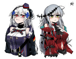 Rule 34 | 2girls, absurdres, arknights, assault rifle, bare shoulders, black jacket, cosplay, costume switch, german flag, girls&#039; frontline, green eyes, grey hair, gun, h&amp;k hk416, hair ornament, hat, highres, hk416 (girls&#039; frontline), hk416 (girls&#039; frontline) (cosplay), hk416 (mod3) (girls&#039; frontline), jacket, long hair, long sleeves, looking at viewer, military hat, multiple girls, official alternate costume, open clothes, purple headwear, red eyes, red shirt, rifle, shirt, simple background, skadi (arknights), skadi the corrupting heart (arknights), skadi the corrupting heart (arknights) (cosplay), sso (73987536), sso 5, teardrop tattoo, teeth, weapon, white background, white hair