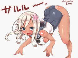 Rule 34 | 10s, 1girl, all fours, ass, bad id, bad pixiv id, blonde hair, blue eyes, crop top, flower, hair flower, hair ornament, kantai collection, long hair, mitsudoue, one-piece tan, ro-500 (kancolle), sailor collar, school swimsuit, simple background, swimsuit, swimsuit under clothes, tan, tanline