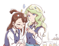 Rule 34 | 2girls, blonde hair, blue eyes, brown hair, cake, diana cavendish, disappointed, duplicate, closed eyes, food, food on head, fruit, green hair, kagari atsuko, little witch academia, multicolored hair, multiple girls, object on head, strawberry, tonton (mathcaca24), two-tone hair