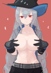 Rule 34 | 1girl, arknights, asususususu, black gloves, black hat, black pants, breasts, collarbone, commentary request, covering breasts, covering privates, expressionless, female focus, gloves, grey shirt, hair between eyes, hat, highres, large breasts, long hair, looking at viewer, navel, open clothes, pants, red background, red eyes, shirt, silver hair, simple background, skadi (arknights), solo, stomach, upper body, very long hair