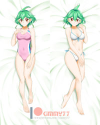 Rule 34 | 1girl, barefoot, bed sheet, bikini, breasts, brown eyes, cleavage, collarbone, competition swimsuit, covered navel, dakimakura (medium), from above, front-tie bikini top, front-tie top, full body, green hair, hair between eyes, highres, kimmy77, looking at viewer, lying, medium breasts, multiple views, navel, on back, one-piece swimsuit, orange eyes, patreon logo, pink one-piece swimsuit, rin (yu-gi-oh!), shiny skin, short hair, side-tie bikini bottom, smile, swimsuit, watermark, white bikini, yu-gi-oh!, yu-gi-oh! arc-v