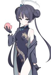 Rule 34 | black gloves, black hair, blue archive, butterfly hair ornament, child (isoliya), china dress, chinese clothes, coat, commentary, cropped legs, double bun, dragon print, dress, food, fruit, gloves, grey coat, grey eyes, hair bun, hair ornament, halo, highres, holding, holding food, holding fruit, kisaki (blue archive), long hair, looking at viewer, off shoulder, peach, sidelocks, symbol-only commentary, twintails, very long hair, white background
