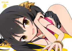 Rule 34 | 1girl, animal print, bangle, bare shoulders, black hair, bracelet, camisole, clothes lift, cowboy shot, hair ribbon, heart, heart necklace, highres, idolmaster, idolmaster cinderella girls, idolmaster cinderella girls u149, jewelry, leopard print, long hair, looking at viewer, lying, matoba risa, necklace, nekokan-nekokan, on side, open mouth, print ribbon, ribbon, skirt, skirt lift, smile, solo, twintails, yellow eyes
