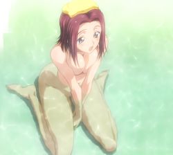 Rule 34 | 00s, 1girl, blue eyes, blush, breasts squeezed together, breasts, code geass, kouzuki kallen, non-web source, nude, onsen, red hair, screencap, short hair, solo, towel, towel on head, water