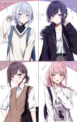 1other 25-ji_nightcord_de._(project_sekai) 3girls akiyama_mizuki alternate_hairstyle asahina_mafuyu blue_eyes brown_eyes brown_hair closed_mouth do_while02 glasses highres long_sleeves looking_at_viewer multiple_girls pink_eyes pink_hair project_sekai purple_eyes purple_hair shinonome_ena short_hair smile yoisaki_kanade