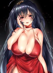 Rule 34 | 1girl, absurdres, ahoge, arm at side, armpit crease, azur lane, bare shoulders, black hair, blush, breasts, buta tamako, choker, cleavage, collarbone, commentary request, dress, eyes visible through hair, gradient background, hair between eyes, hair ornament, half-closed eyes, hand on own cheek, hand on own face, head tilt, highres, huge breasts, light particles, long hair, looking at viewer, official alternate costume, open mouth, red dress, red eyes, shiny skin, sidelocks, simple background, skindentation, solo, taihou (azur lane), taihou (forbidden feast) (azur lane), tongue, upper body, very long hair