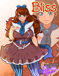 Rule 34 | 1girl, agawa ryou, artist name, bad id, bad tumblr id, bliss barson, blue eyes, blue pantyhose, bow, breasts, brown hair, character name, cryamore, curly hair, curvy, earrings, eyeshadow, hair bow, jewelry, large breasts, lips, lipstick, long hair, makeup, mole, mole under eye, neckerchief, pantyhose, skirt, skirt set, smile, solo, striped clothes, striped pantyhose, vertical-striped clothes, vertical-striped pantyhose, zoom layer