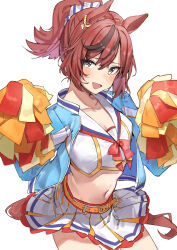 Rule 34 | 1girl, absurdres, animal ears, belt, blue jacket, blush, breasts, brown hair, cleavage, cowboy shot, crop top, cropped jacket, grey eyes, haruyuki (gffewuoutgblubh), highres, holding, holding pom poms, horse ears, horse girl, horse tail, jacket, midriff, navel, nice nature (run&amp;win) (umamusume), nice nature (umamusume), official alternate costume, open mouth, pom pom (cheerleading), pom poms, ponytail, sailor collar, shirt, short hair, simple background, skirt, small breasts, smile, solo, tail, umamusume, white background, white shirt, white skirt
