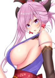 Rule 34 | 1girl, asymmetrical hair, bare shoulders, blue eyes, blue kimono, blush, breasts, detached sleeves, earrings, fate/grand order, fate (series), from side, hair ornament, highres, japanese clothes, jewelry, kimono, large breasts, long hair, looking at viewer, looking to the side, miyamoto musashi (fate), miyamoto musashi (first ascension) (fate), obi, open mouth, pink hair, ponytail, sankakusui, sash, sideboob, simple background, sleeveless, sleeveless kimono, solo, white background