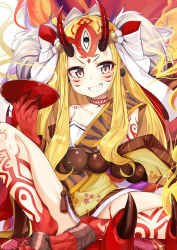 Rule 34 | 1girl, absurdres, bare legs, bare shoulders, barefoot, blonde hair, blush, bow, collarbone, commentary request, cup, earrings, facial mark, fangs, fate/grand order, fate (series), forehead mark, grin, hair bow, head tilt, highres, holding, horns, ibaraki douji (fate), j young, japanese clothes, jewelry, kimono, kimono pull, long hair, oni, oni horns, pointy ears, sakazuki, sitting, smile, solo, very long hair, white bow, yellow kimono
