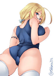 Rule 34 | 1girl, ahoge, ass, blonde hair, blue eyes, blue one-piece swimsuit, blush, breasts, cowboy shot, ebifurya, glasses, hair between eyes, highres, i-8 (kancolle), kantai collection, large breasts, long hair, low twintails, no headwear, no headwear, one-piece swimsuit, red-framed eyewear, school swimsuit, semi-rimless eyewear, simple background, solo, swimsuit, thighhighs, twintails, twitter username, under-rim eyewear, white background, white thighhighs