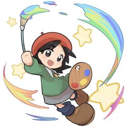 Rule 34 | 1girl, adeleine, black eyes, black hair, child, green shirt, hat, highres, holding, holding paintbrush, holding palette, kirby&#039;s dream land, kirby (series), kirby 64, looking at viewer, nintendo, open mouth, paint, paintbrush, palette (object), poyo party, shirt, shoes, skirt, smile, solo, star (symbol)