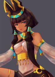 Rule 34 | 1girl, bare shoulders, black hair, blue eyes, breasts, closed mouth, covered navel, dragalia lost, egyptian clothes, jewelry, medium breasts, medium hair, nefaria, piroropepon, solo, underboob