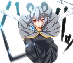 Rule 34 | &gt;:), 1girl, animal ears, anime coloring, black dress, blurry, blush, capelet, depth of field, dowsing rod, dress, dual wielding, grey hair, holding, jewelry, long sleeves, looking at viewer, mouse ears, nakajou, nazrin, outstretched arms, pendant, red eyes, short hair, smile, solo, spread arms, touhou, v-shaped eyebrows, white background