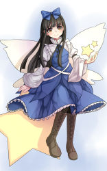 Rule 34 | 1girl, black hair, black pantyhose, blue bow, blue dress, blunt bangs, blush, boots, bow, brown footwear, closed mouth, cross-laced footwear, dress, fairy wings, flat chest, full body, hair bow, hand rest, highres, knee boots, long hair, long sleeves, looking at viewer, pantyhose, sitting, smile, solo, star-shaped pupils, star (symbol), star sapphire, symbol-shaped pupils, touhou, two-tone background, wide sleeves, wings, yellow eyes, yu cha