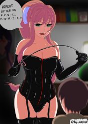 Rule 34 | 1boy, 1girl, absurdres, amrak, bad id, bad pixiv id, bare shoulders, bdsm, black thighhighs, blurry, blurry background, bondage, boots, bound, bow, breasts, brown hair, cleavage, collarbone, commentary, doki doki literature club, dominatrix, english commentary, english text, femdom, gloves, green eyes, hair bow, highres, holding, holding whip, large breasts, looking at another, monika (doki doki literature club), open mouth, ponytail, rubber gloves, sadism, thigh boots, thighhighs, whip, white bow