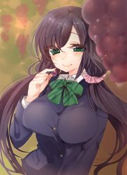 Rule 34 | 10s, 1girl, blazer, blush, breasts, food, fruit, gradient background, grapes, green eyes, hair over shoulder, jacket, large breasts, long hair, looking at viewer, love live!, love live! school idol project, nakahashi mizuki, purple hair, school uniform, smile, solo, tojo nozomi, twintails