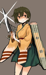 Rule 34 | 10s, 1girl, abe kanari, arrow (projectile), blush, brown hair, flight deck, grin, highres, hiryuu (kancolle), japanese clothes, kantai collection, knife, long sleeves, personification, quiver, ribbon, shaded face, short hair, side ponytail, skirt, smile, wide sleeves