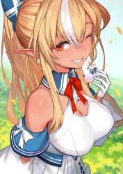 Rule 34 | 1girl, blonde hair, blue bow, blue sky, bow, breasts, cleavage, commentary, dark-skinned female, dark skin, day, detached sleeves, dress, falling leaves, from side, gloves, hair between eyes, hair bow, happy birthday, highres, hololive, lack, leaf, long hair, looking at viewer, medium breasts, multicolored hair, neck ribbon, one eye closed, outdoors, parted lips, pointy ears, ponytail, red eyes, red ribbon, ribbon, shiranui flare, shiranui flare (1st costume), sidelocks, sky, smile, solo, streaked hair, two-tone hair, upper body, virtual youtuber, white dress, white gloves, white hair, wing collar