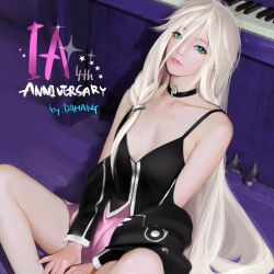 Rule 34 | 1girl, anniversary, aqua eyes, artist name, bare legs, between legs, blue eyes, butterfly sitting, character name, choker, collarbone, damang, detached sleeves, from above, hair between eyes, hair flaps, hand between legs, ia (vocaloid), instrument, long hair, looking at viewer, miniskirt, off shoulder, parted lips, piano, piano keys, pink lips, pink skirt, pleated skirt, sitting, skirt, solo, very long hair, vocaloid, white hair, wooden floor