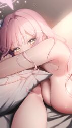 Rule 34 | 1girl, absurdres, armpits, bare shoulders, blue archive, blush, breasts, cleavage, completely nude, covered mouth, hair intakes, halo, hashtag-only commentary, head rest, highres, large breasts, looking at viewer, lying, mika (blue archive), nude, on stomach, parted bangs, pillow, pink hair, pink halo, reaching, reaching towards viewer, rkin, solo, sweat, yellow eyes