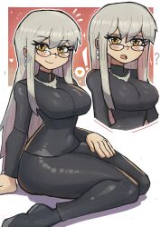 Rule 34 | !, 1girl, ?, absurdres, arm support, black footwear, black pants, black shirt, blush, breasts, earrings, eyeshadow, glasses, grey hair, hand on own thigh, heart, highres, jewelry, large breasts, long hair, long sleeves, looking at viewer, makeup, multiple views, open mouth, orange eyes, original, pants, shirt, shoes, sitting, smile, sparkle, spoken heart, teeth, tony welt, upper body, white background