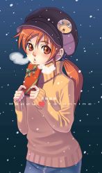 Rule 34 | 1girl, aoi sora (pairan), face, gift, happy valentine, hat, holding, holding gift, original, pairan, ponytail, snow, solo, turtleneck, twintails, valentine