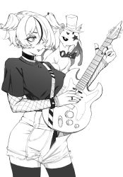 Rule 34 | 1girl, alternate costume, alternate hairstyle, animal, animal on shoulder, breasts, carrot (mooncarrot20), commentary, dragon, elira pendora, english commentary, extra eyes, greyscale, guitar, hair over one eye, hat, head wings, highres, holding, holding instrument, instrument, jewelry, medium breasts, monochrome, multicolored hair, nijisanji, nijisanji en, one eye closed, pikl (elira pendora), ring, short hair, shorts, solo, streaked hair, thighhighs, top hat, virtual youtuber, white background, wings